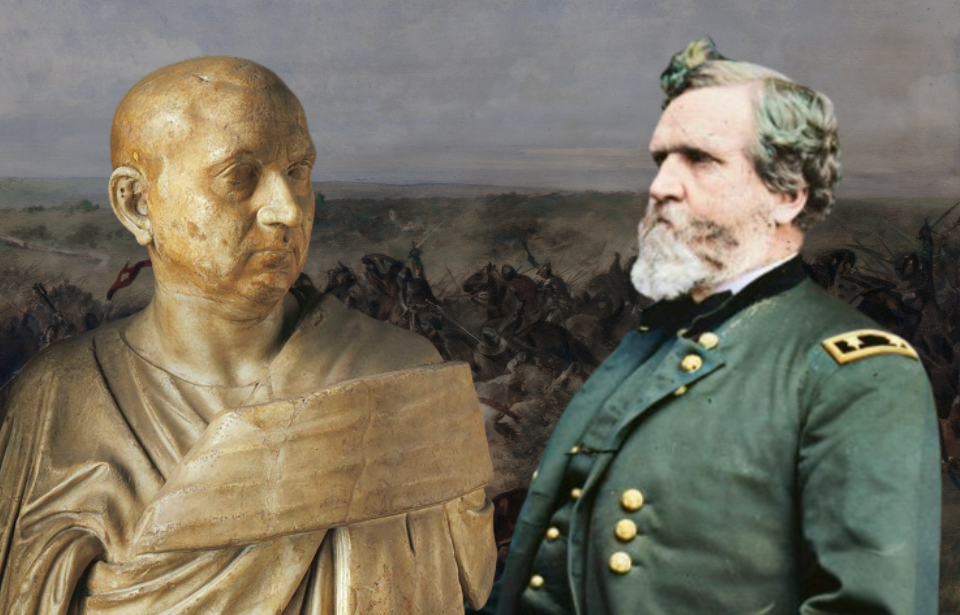 Painting of a battle scene + Statue of Publius Cornelius Scipio Africanus + Military portrait of George Henry Thomas
