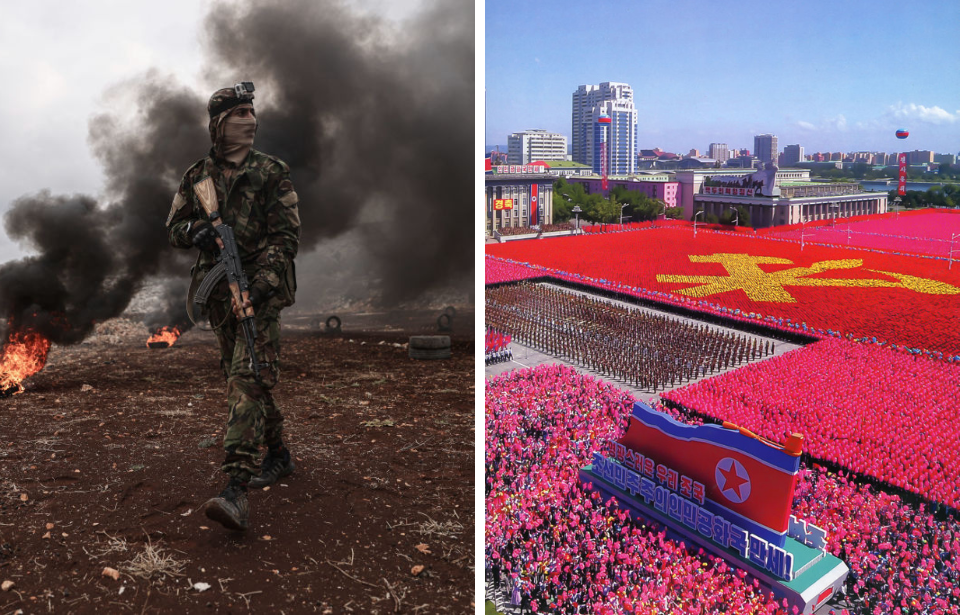 Soldier standing in full uniform + Parade occurring on the streets of North Korea