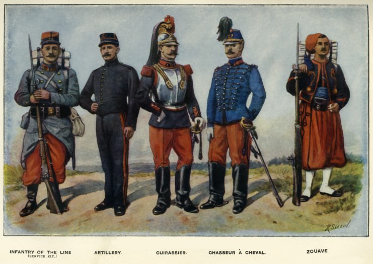 Illustration of French soldiers dressed in various military uniforms