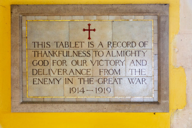Tablet with the inscription, "This tablet is a record of thankfulness to almighty God for our victory and deliverance from the enemy in the Great War 1914-1919" 