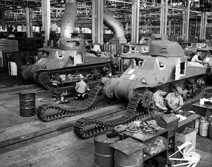 Workers constructing M3 Stuarts in a factory