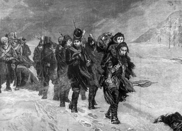 Drawing of Napoleon's Grande Armée trekking through the snow