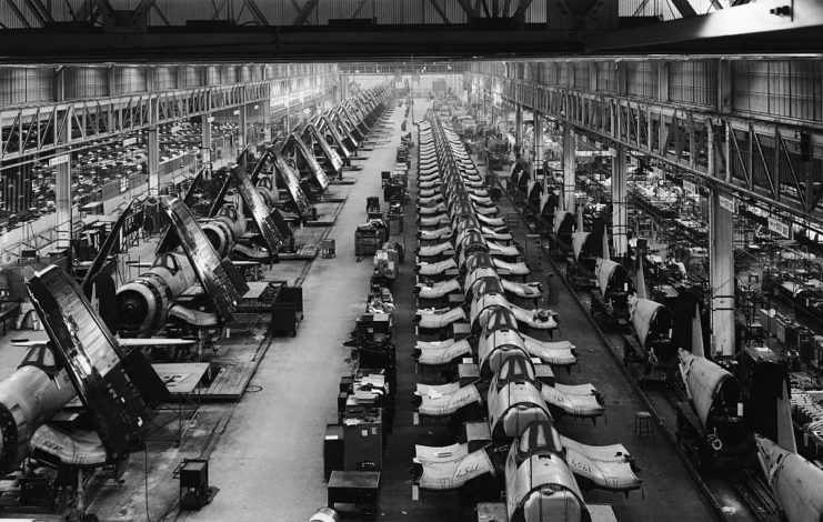 Rows of Corsairs being constructed along an assembly line