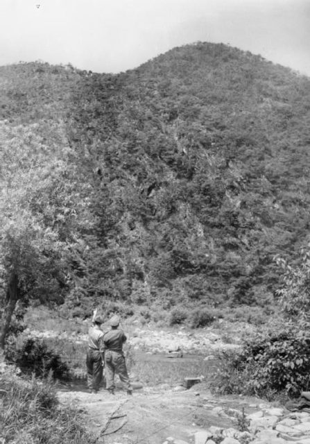 Member of the "Glorious Glosters" directing a military observer's attention to the top of a hill