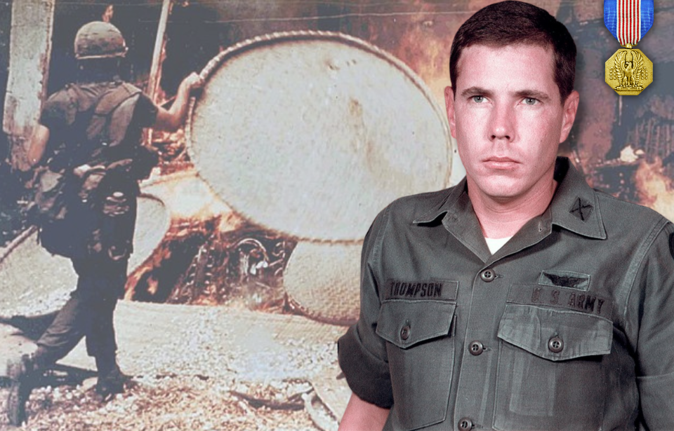 PFC Capezza setting fire to a hut + Military portrait of Hugh Thompson Jr. + Soldier's Medal