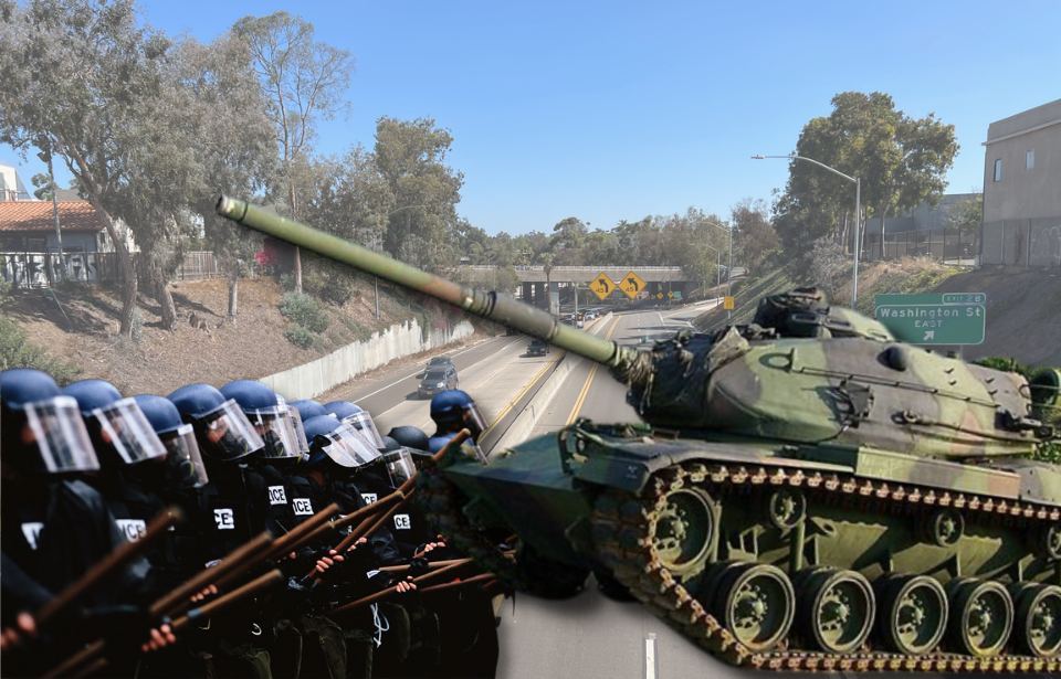 Cars driving along California State Route 163 + Group of police officers in full riot gear + M60A3 Patton tank