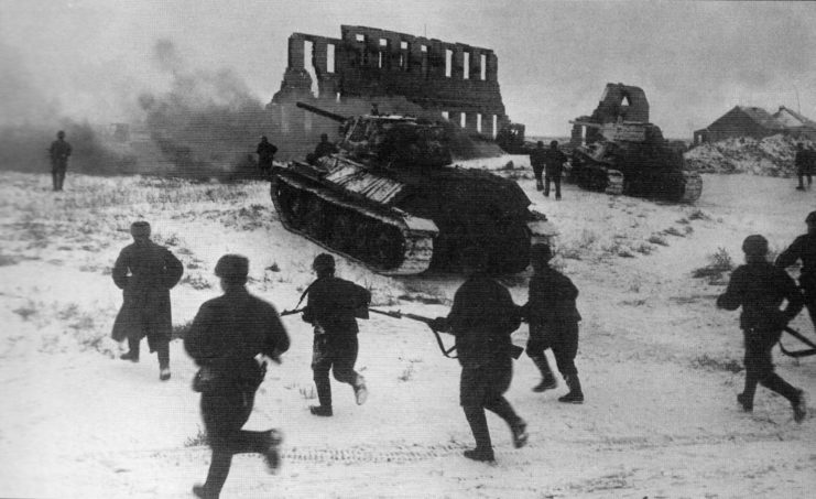 Red Army soldiers running through the snow
