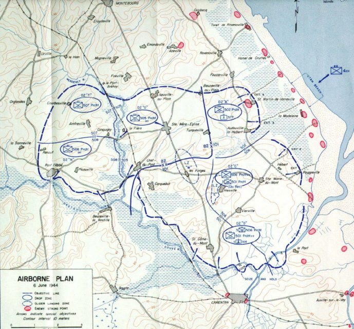 Map indicating the airborne drop zones for D-Day