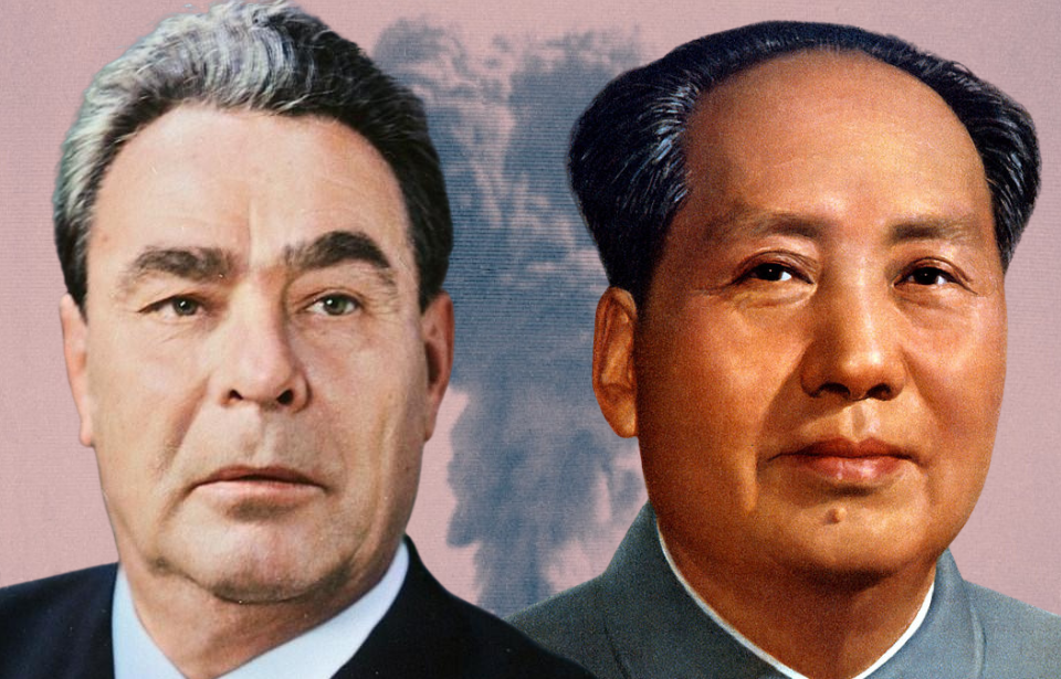 Mushroom cloud rising into the sky + Portrait of Leonid Brezhnev + Portrait of Mao Zedong