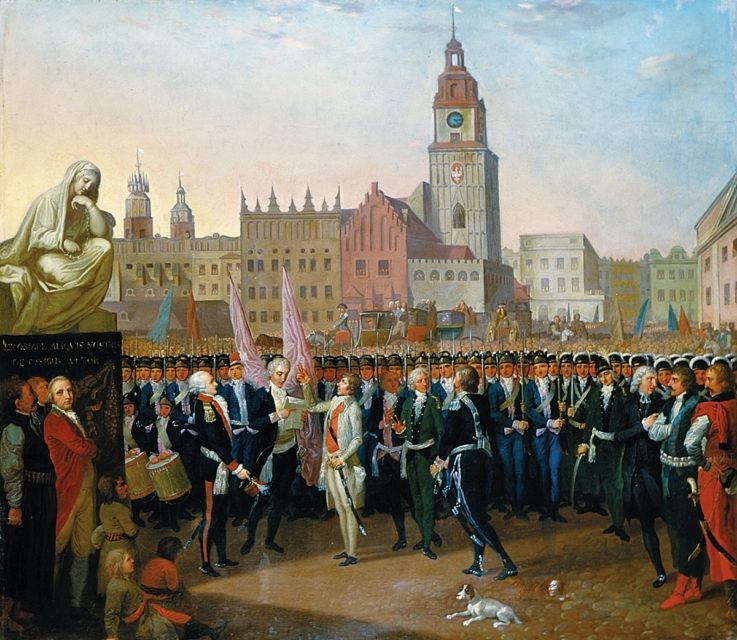 Painting of Tadeusz Kościuszko standing among a crowd of soldiers and military officials