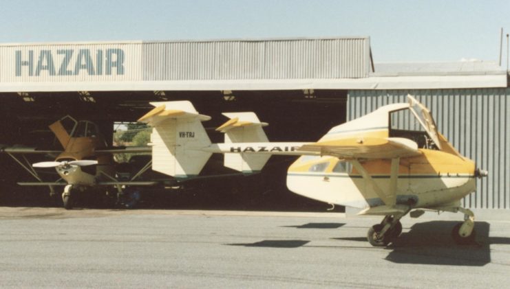 Transavia PL-12 Airtruk VH-TRJ parked outside a hangar at Albury Airport, New South Wales