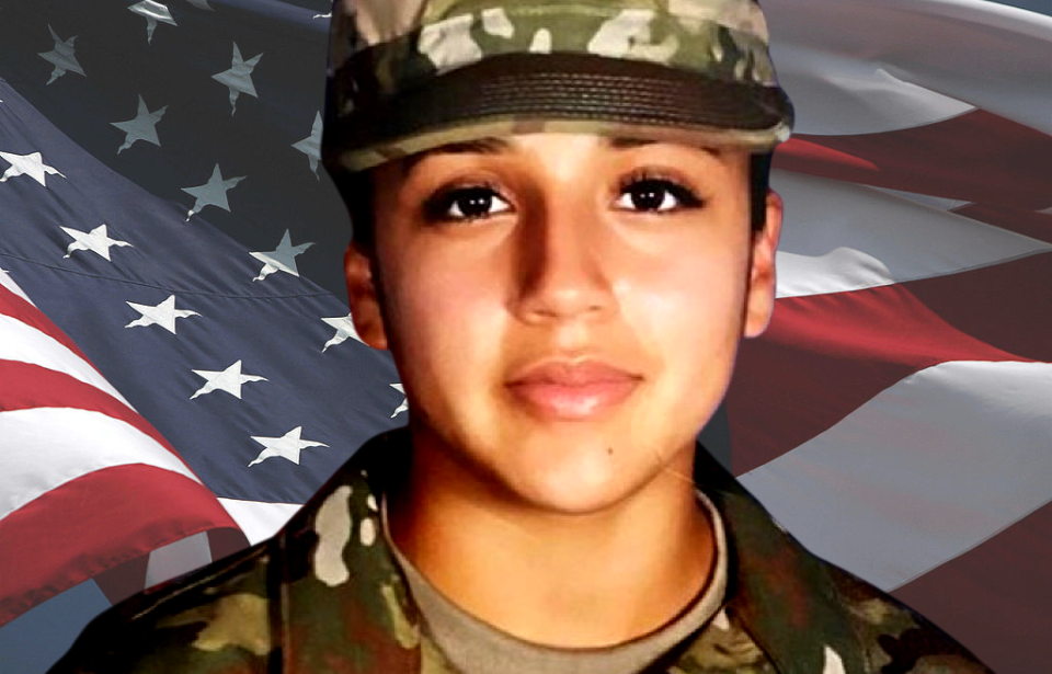 American flag blowing in the wind + US Army portrait of Vanessa Guillén