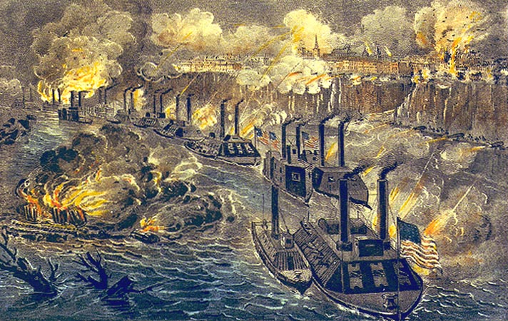 Drawing of Andrew Porter's fleet running the rebel blockade of the Mississippi River at Vicksburg