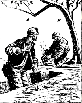 Cartoon of one soldier digging and another sitting beneath a tree