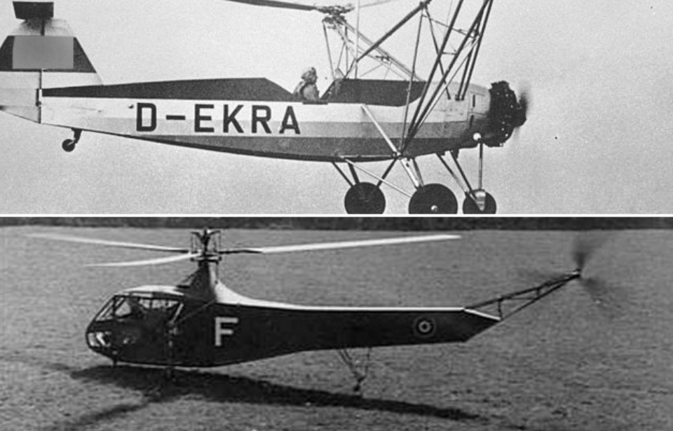 Focke-Wulf Fw 61 in flight + Sikorsky R-4 "Hoverfly" parked in the grass