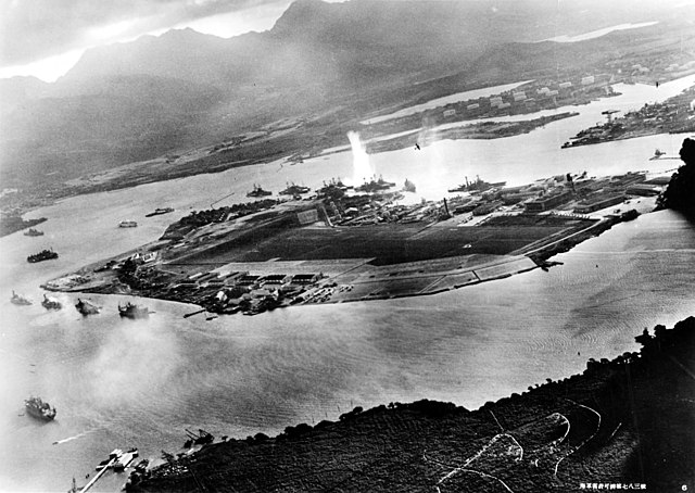 Aerial view of the Japanese attack on Pearl Harbor