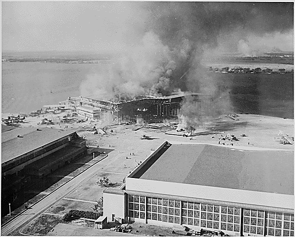Barracks ablaze on Ford Island