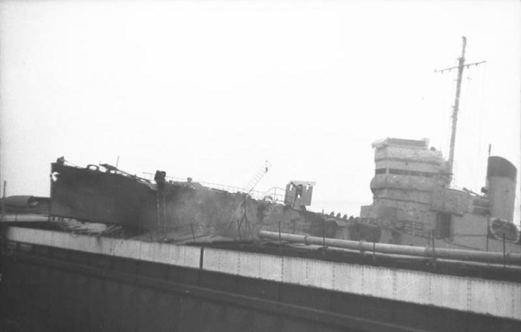 Damaged HMS Campbeltown (I42) rammed into the Normandie dry dock