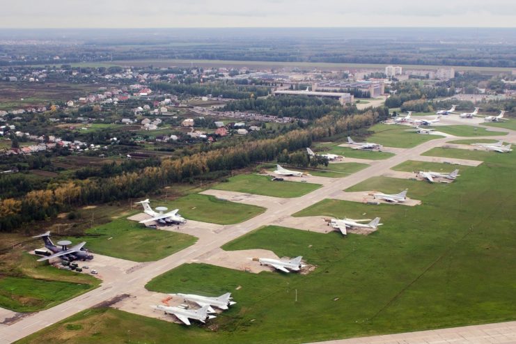 Aerial view of aircraft parked at Dyagilevo air base