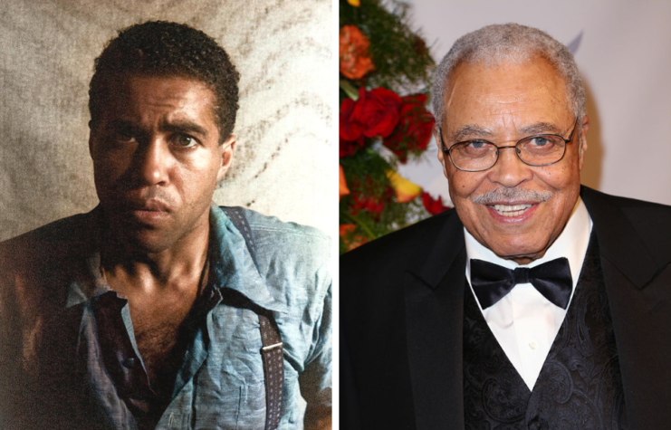 Robert Earl Jones in costume + James Earl Jones wearing a suit