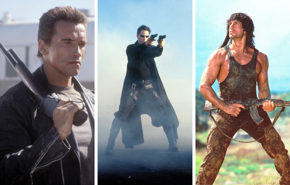 Arnold Schwarznegger as the Terminator in 'Terminator 2: Judgement Day' + Keanu Reeves as Neo in 'The Matrix' + Sylvester Stallone as John J. Rambo in 'Rambo: First Blood Part II'