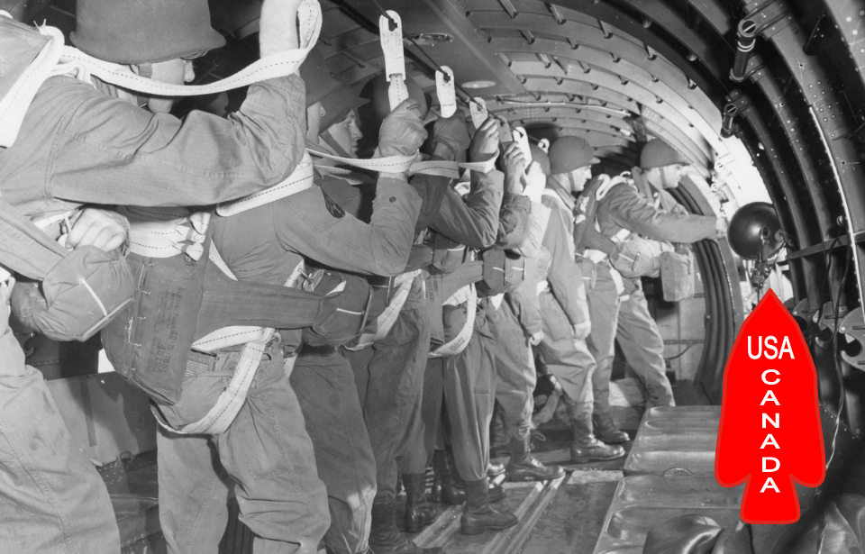 Members of the First Special Service Force lined up in the interior of an aircraft + Patch of the First Special Service Force