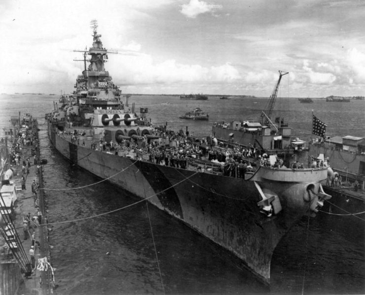 USS Iowa (BB-61) anchored at a floating dock