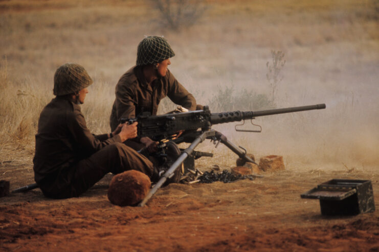 Two members of the South African Army firing an M2 Browning .50 caliber heavy machine gun