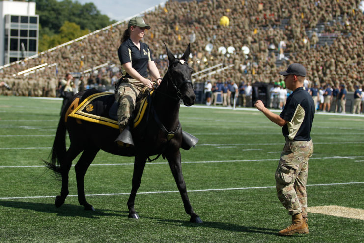 Female cadet riding a mule in front of a packed football stadium