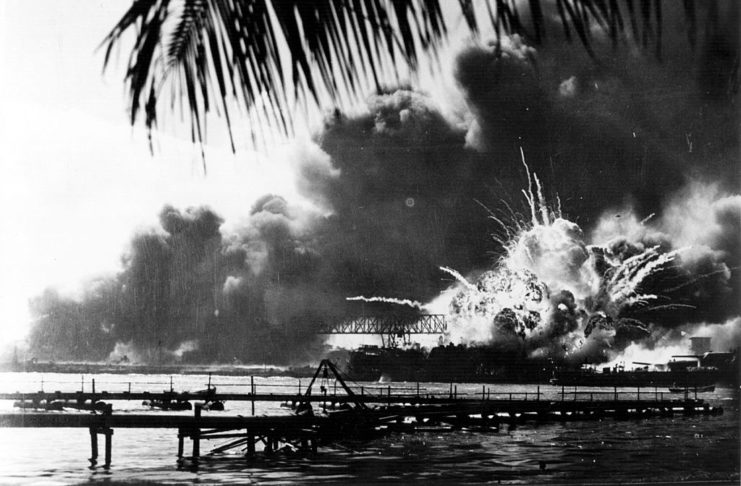 USS Shaw (DD-373) exploding during the Japanese attack on Pearl Harbor