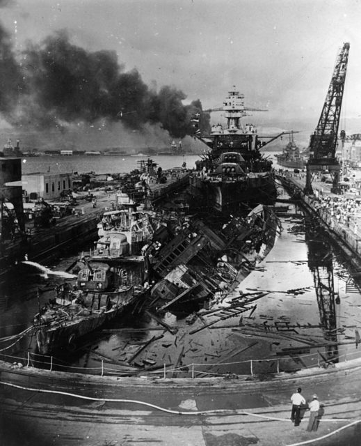 USS Pennsylvania (BB-38), Downes (DD-375) and Cassin (DD-372) in a flooded drydock at Pearl Harbor