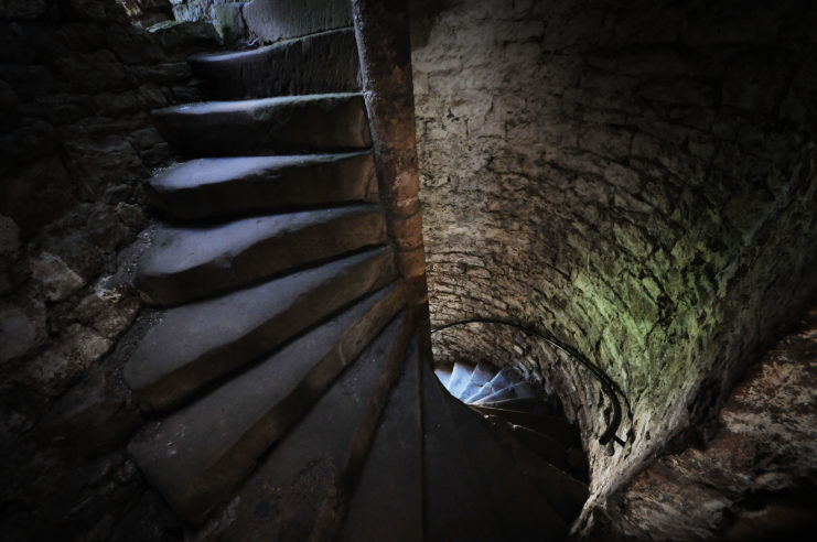 View of a spiral staircase in a medieval castle
