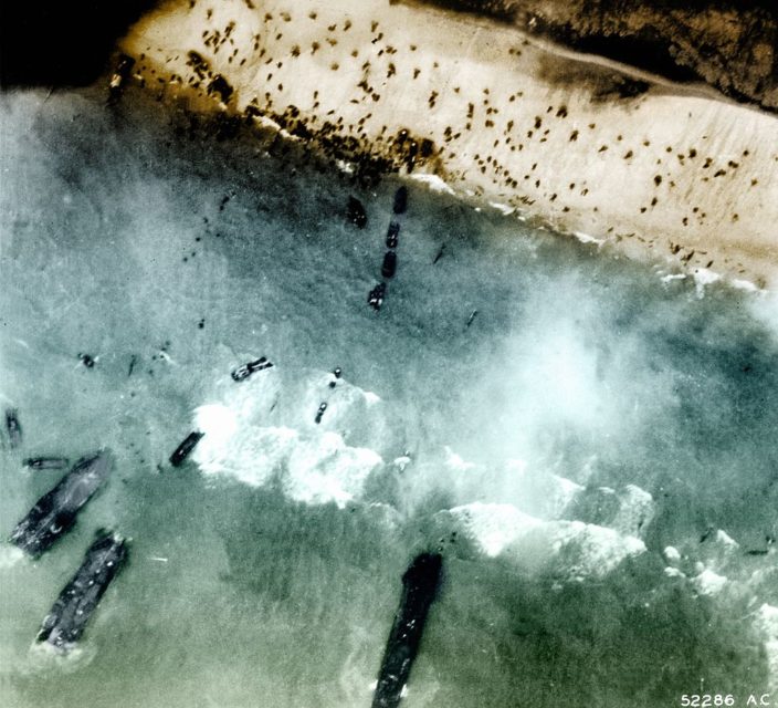 Aerial view of US troops landing on Utah Beach