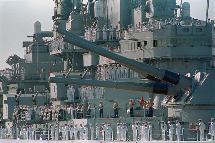 Crewmen lined up along the deck of the USS Iowa (BB-61)