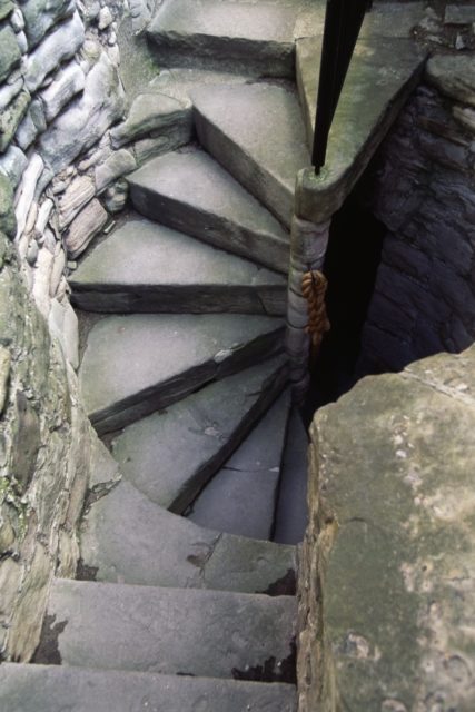 View of a spiral staircase in a medieval castle