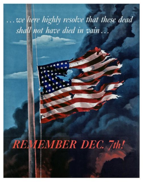 Poster featuring a damaged American flag surrounded by smoke
