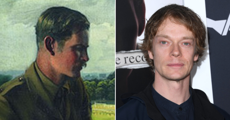 Painting of John Steel "Jock" Lewes + Alfie Allen on a red carpet