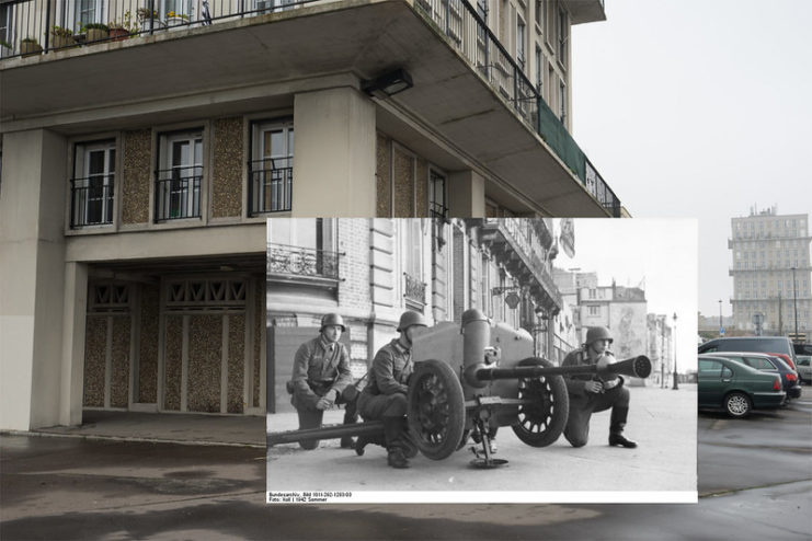 German soldiers manning a 25 mm Hotchkiss anti-tank gun in the middle of Le Havre