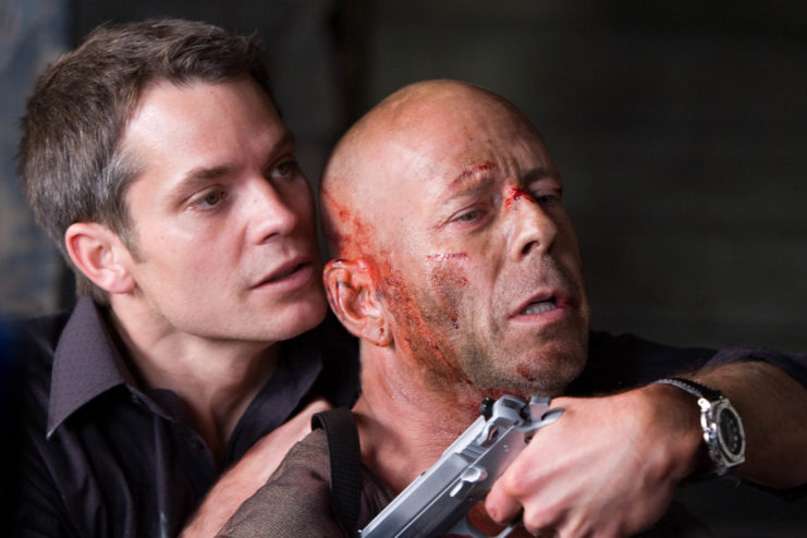 Timothy Olyphant and Bruce Willis as Thomas Gabriel and John McClane in 'Live Free or Die Hard'