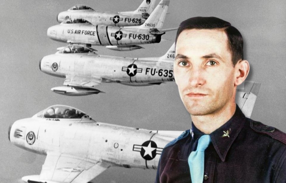 Four North American F-86 Sabres in flight + Military portrait of George Andrew Davis Jr.