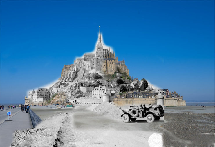 Military vehicle driving along the path to Mont-Saint-Michel