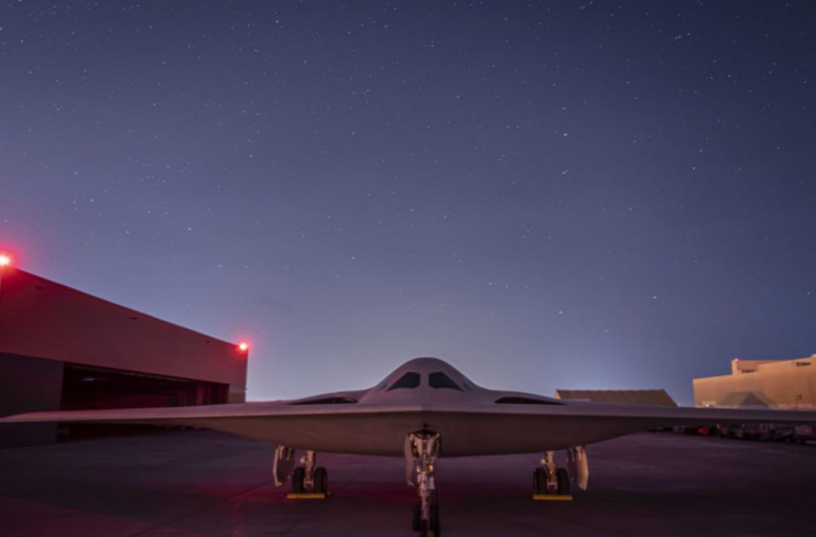 Northrop Grumman B-21 Raider parked outside at night