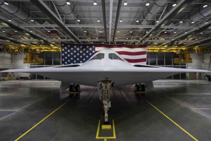 Northrop Grumman B-21 Raider parked in a hangar