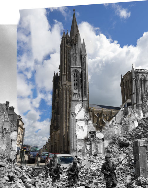 Soldiers walking through rubble along a street in Coutances