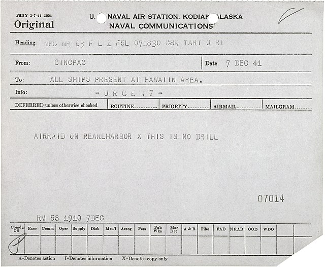 Radiogram announcing the attack on Pearl Harbor