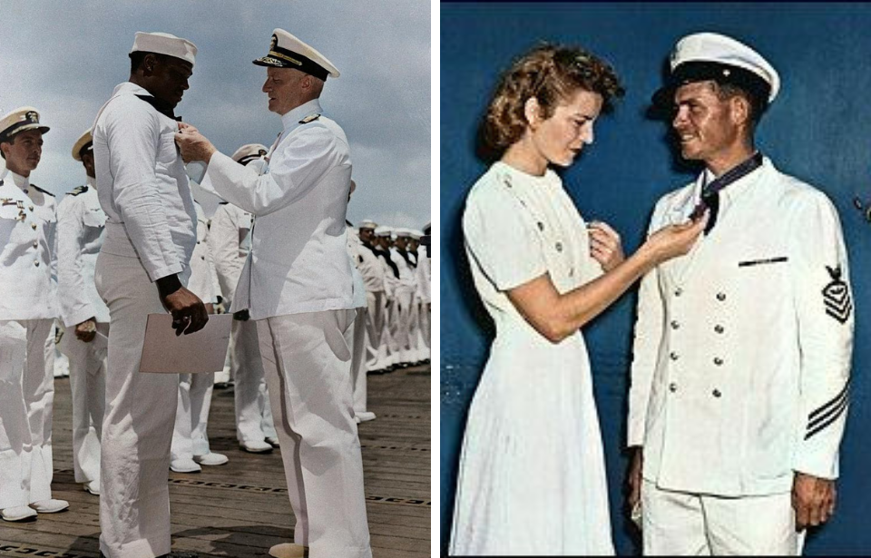 Doris Miller being awarded the Navy Cross + Alice Finn looking at the Medal of Honor on John Finn's US Navy uniform