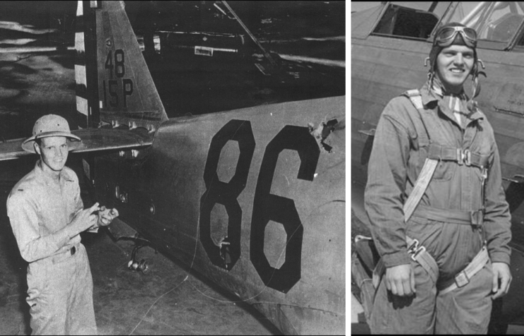 Phil Rasmussen pointing at the bullet holes in his Curtiss P-36 Warhawk + Phil Rasmussen standing in his pilot's gear