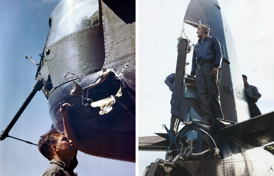 Pilot looking at a hole in his aircraft + Airman standing on an aircraft, looking at a hole in its tail