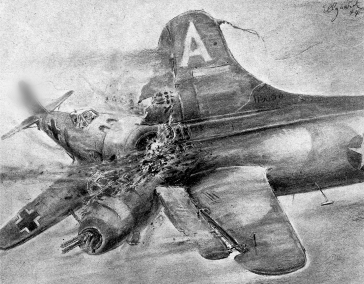 Illustration of a German aircraft ramming into an Allied aircraft