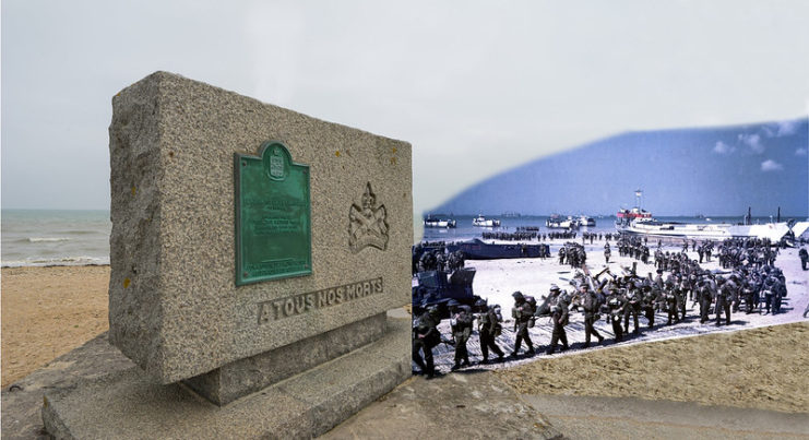 Members of the Régiment de la Chaudière of Canada walking past a memorial to those who died on Juno Beach